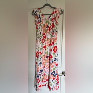 Ann Taylor Factory Floral Smocked Waist Maxi Dress White with Red Coral Flowers